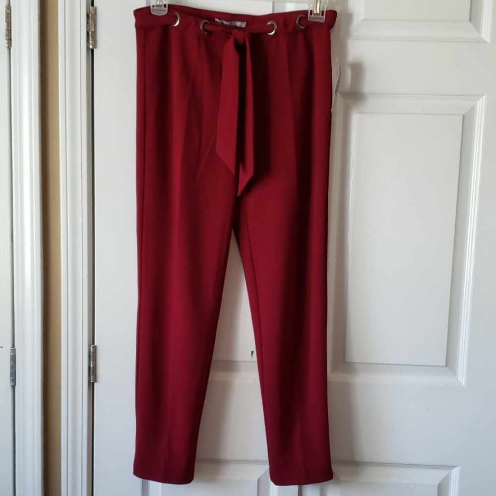Deep red tie waist dress pants